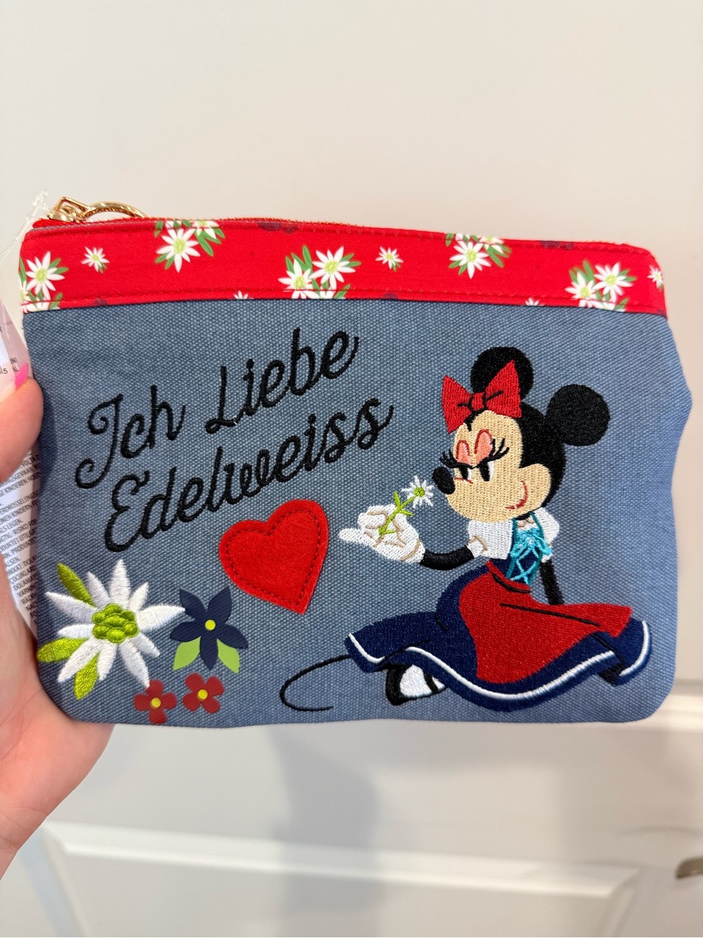 Disney Minnie Mouse Blue and Red Floral Zip Cosmetic Pouch